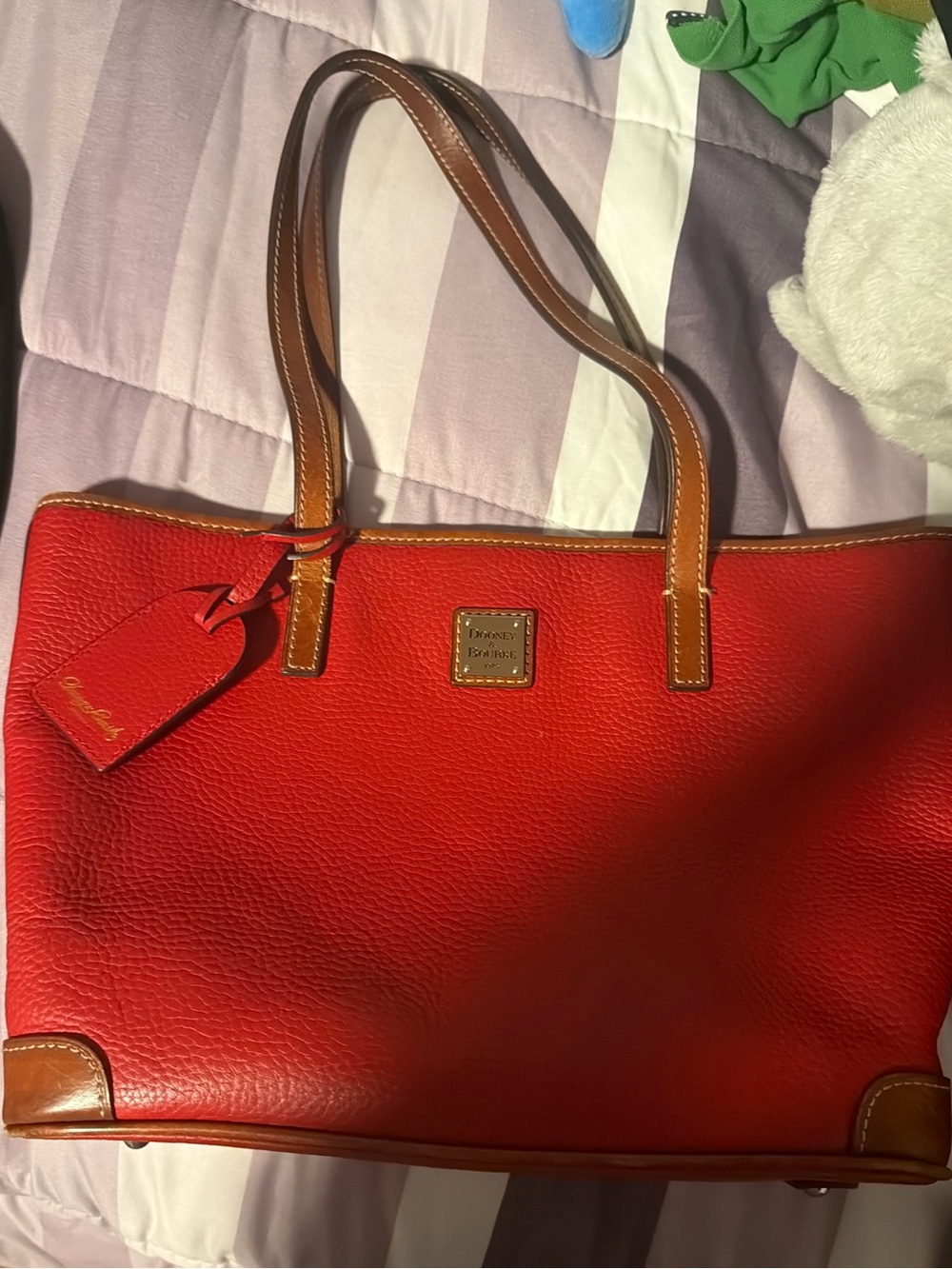 Dooney & Bourke Red Pebble Leather Tote with Brown Trim and Tag